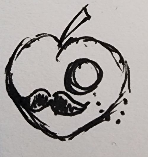 a cartoon peach with a monocle and mustache